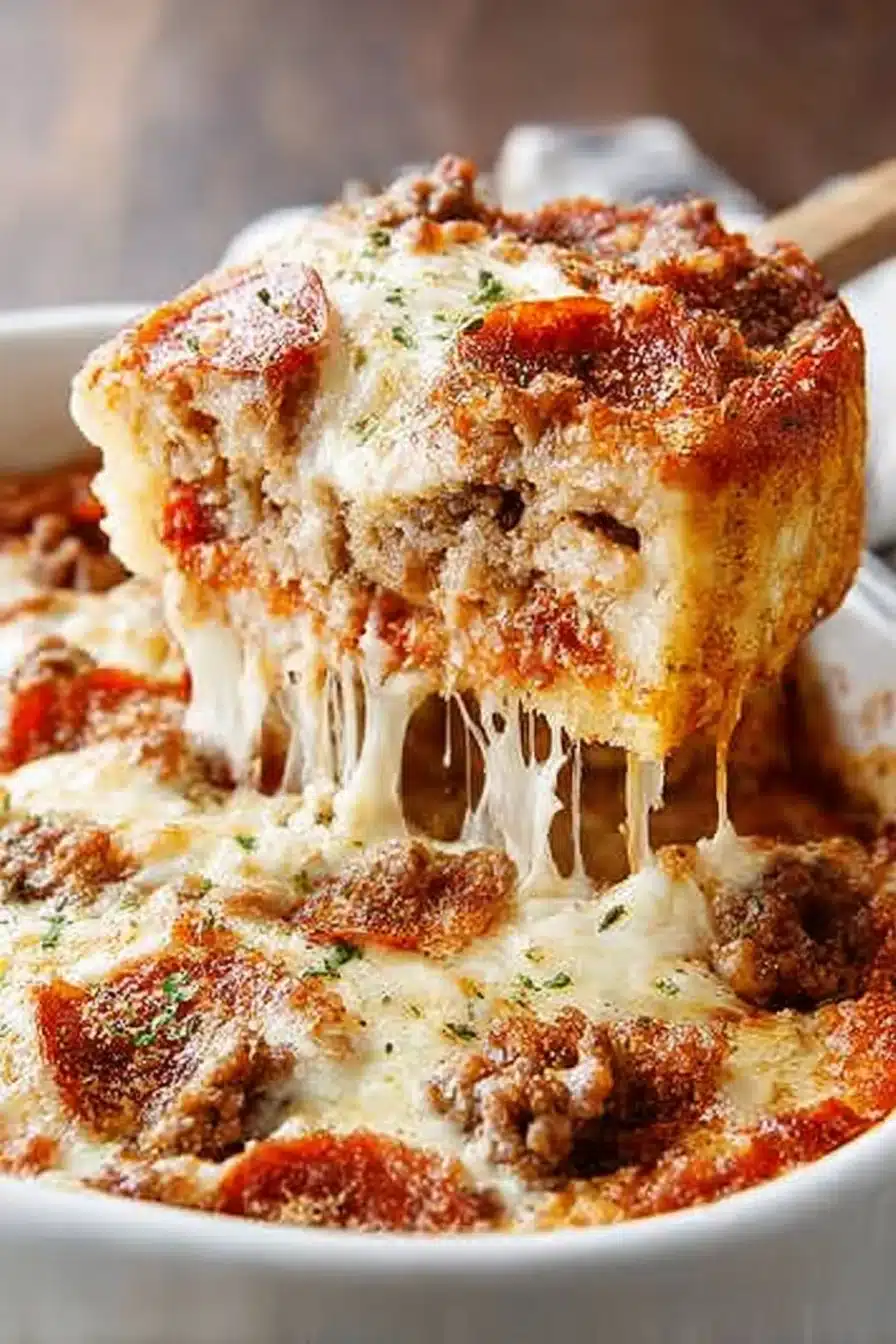 This Upside Down Pizza Casserole is filled with 3 meats, vegetables, and gooey cheese! - Image 2