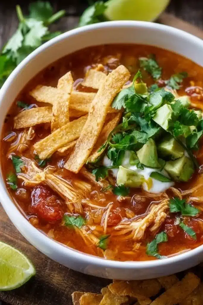 creamy chicken tortilla soup, savory, spicy, comforting, Mexican-inspired flavors, hearty, delicious bowl