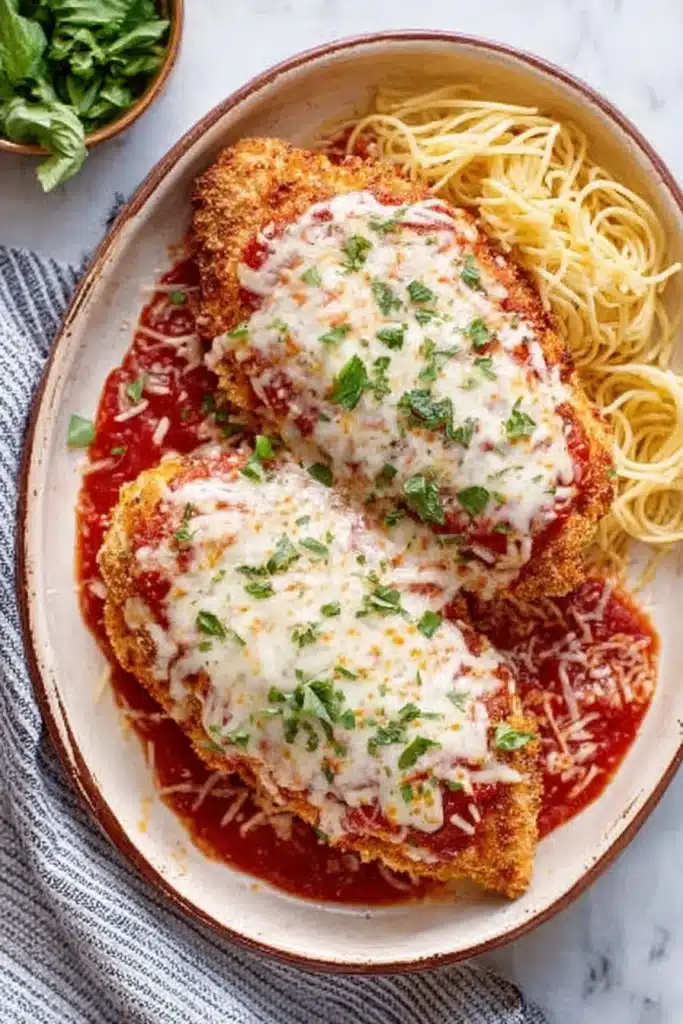 Effortless, delicious, baked chicken parmesan, savory, crispy, flavorful, Italian-inspired dish