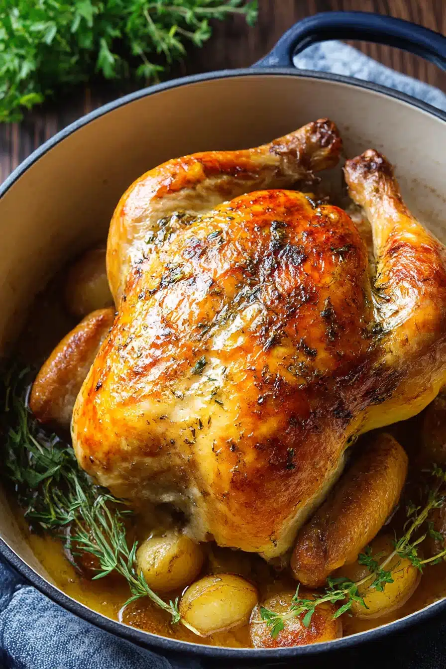juicy, Dutch oven roasted chicken, crispy skin, savory, one pot dinner