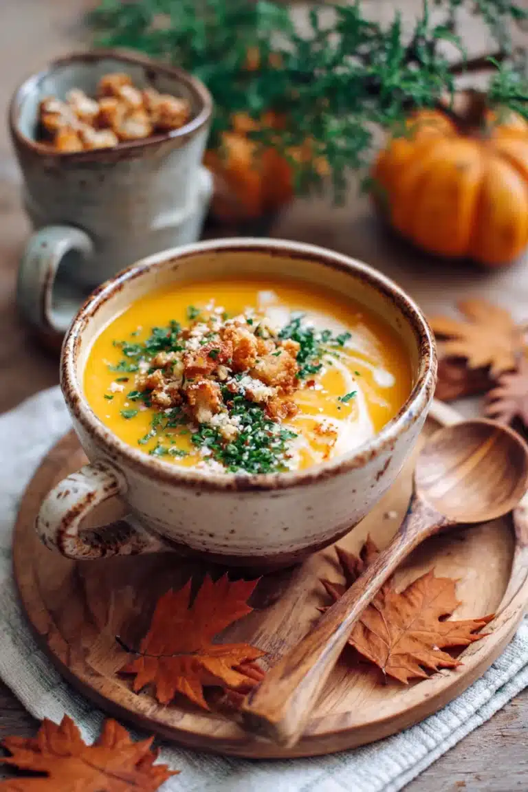 Pumpkin soup, creamy, aromatic, fall flavors, warm, comforting bowl
