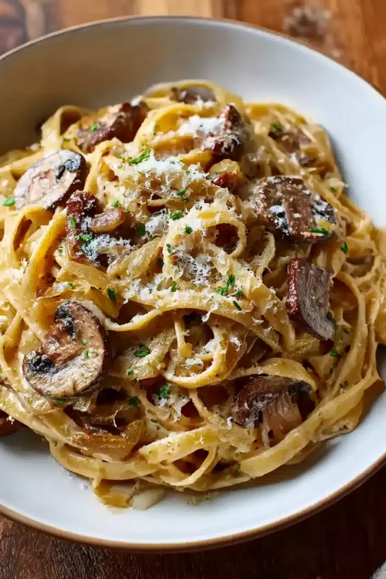 caramelized leek, mushroom, Gruyere pasta, savory, creamy, aromatic flavors