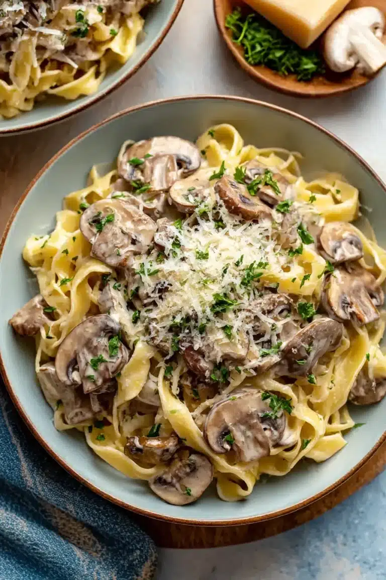 creamy mushroom pasta, savory, indulgent, rich, flavorful, aromatic, satisfying, comfort food