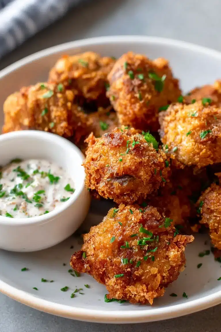 crispy garlic mushrooms, savory appetizer, aromatic, golden brown, delicious seasoning