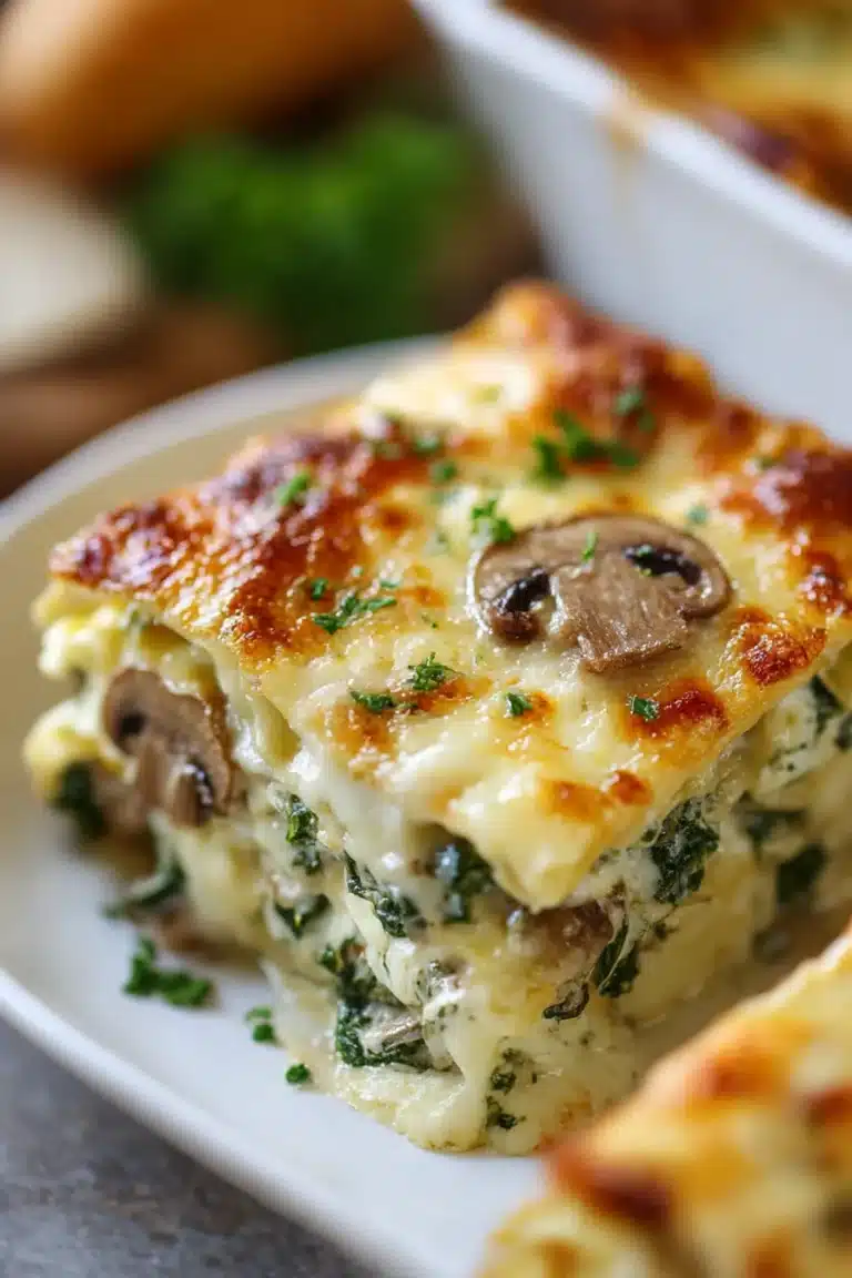 creamy spinach lasagna, mushroom, easy recipe, savory, delicious