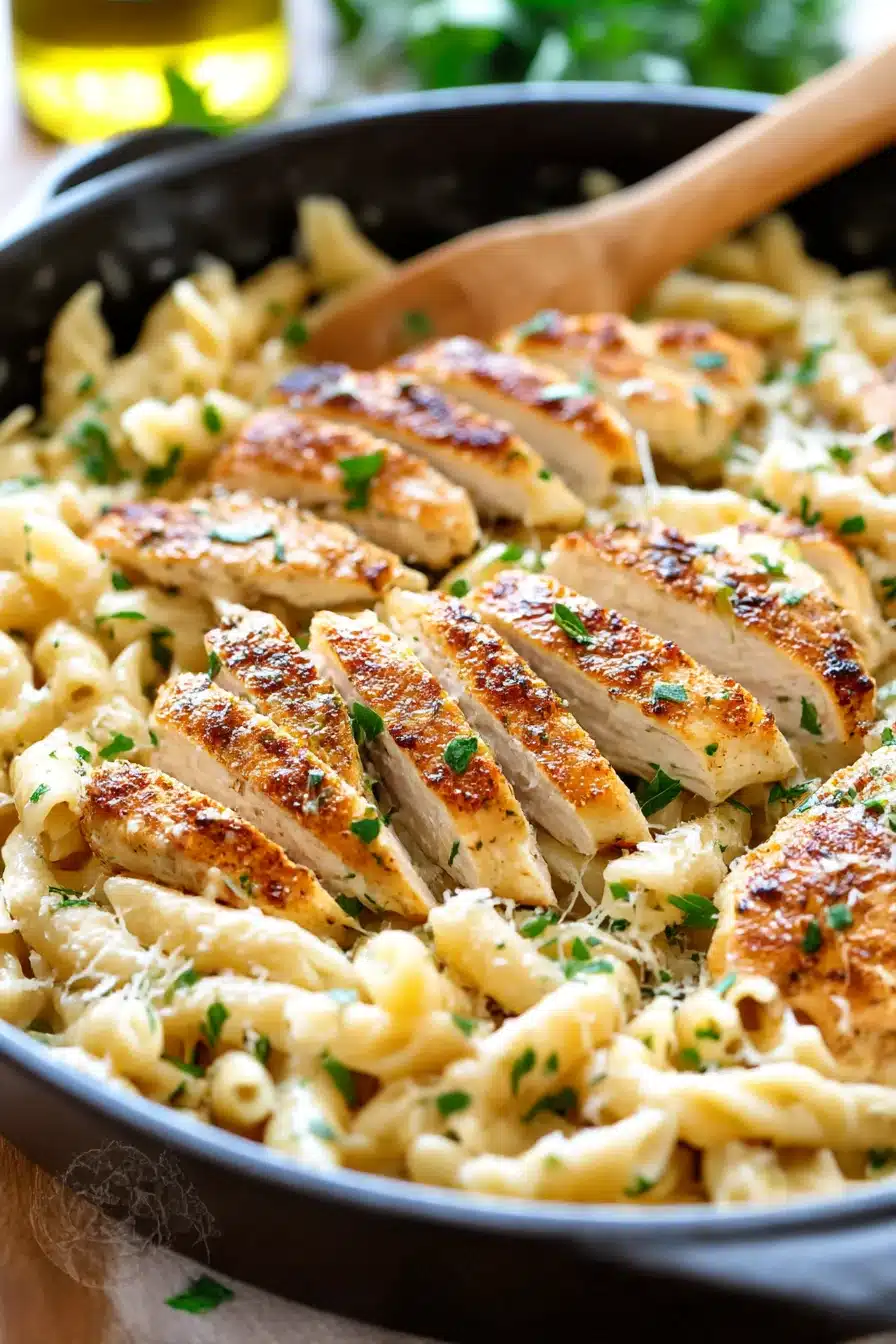 garlic parmesan chicken pasta, healthy dinner, savory, flavorful, easy recipe