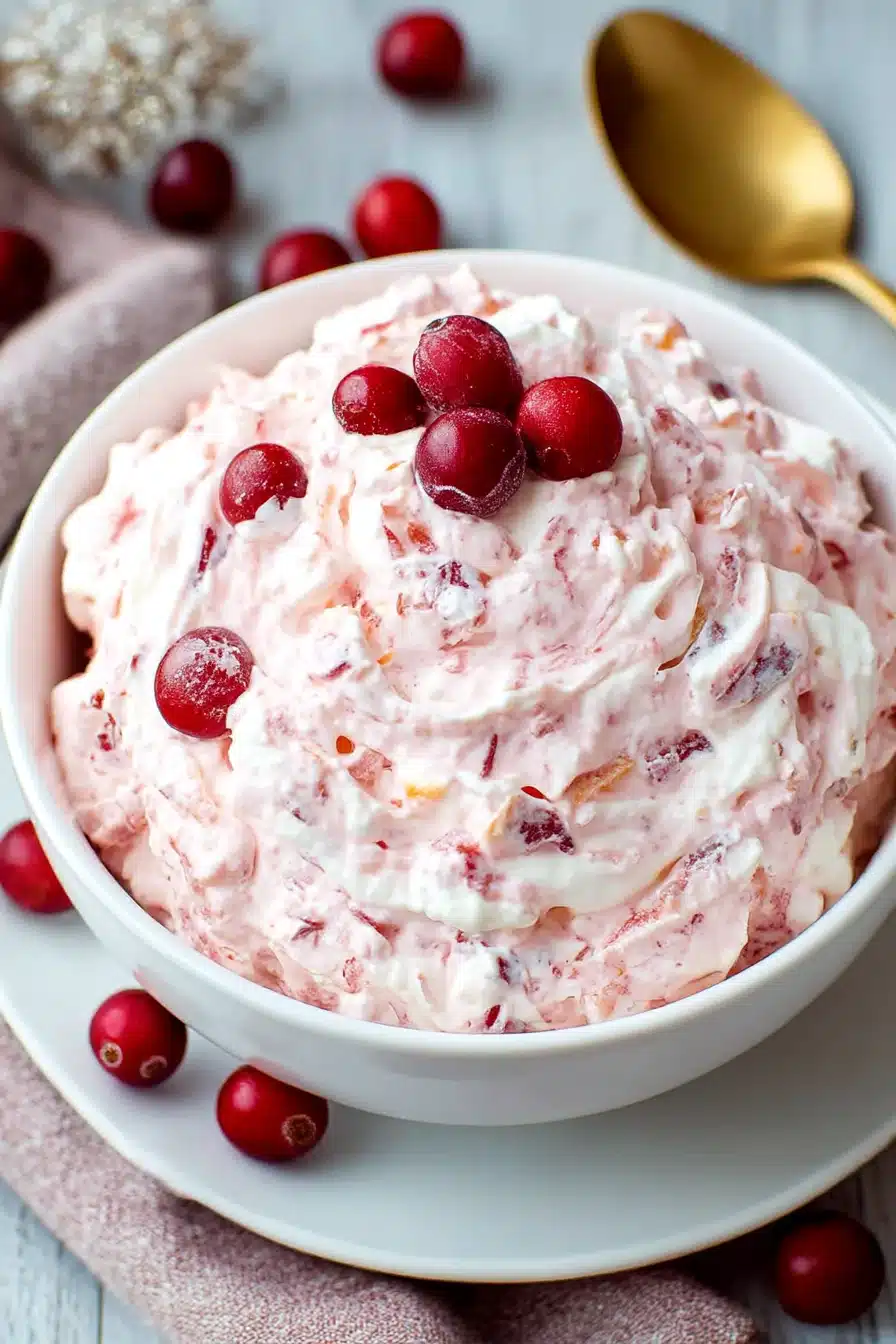 cranberry fluff salad, easy recipe, delicious, holiday, festive, creamy texture, fruity flavor