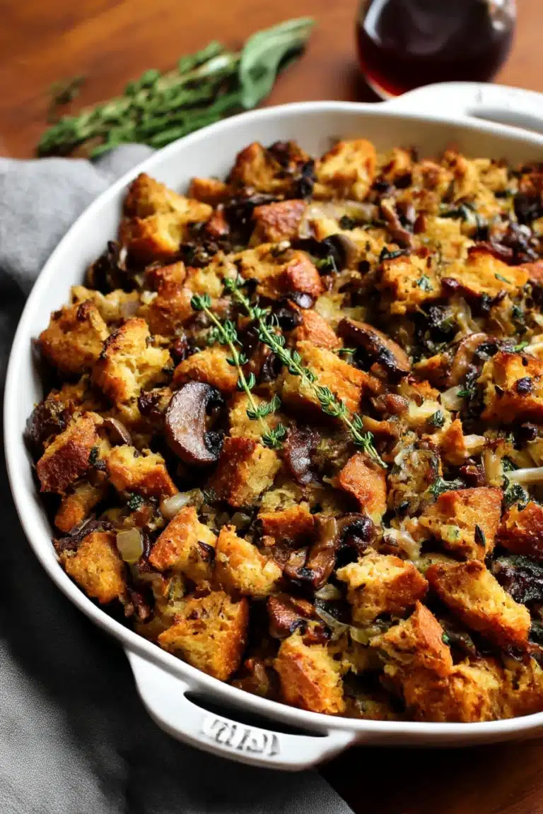 wild mushroom stuffing, savory, aromatic, Thanksgiving side dish, flavorful herbs, earthy mushrooms